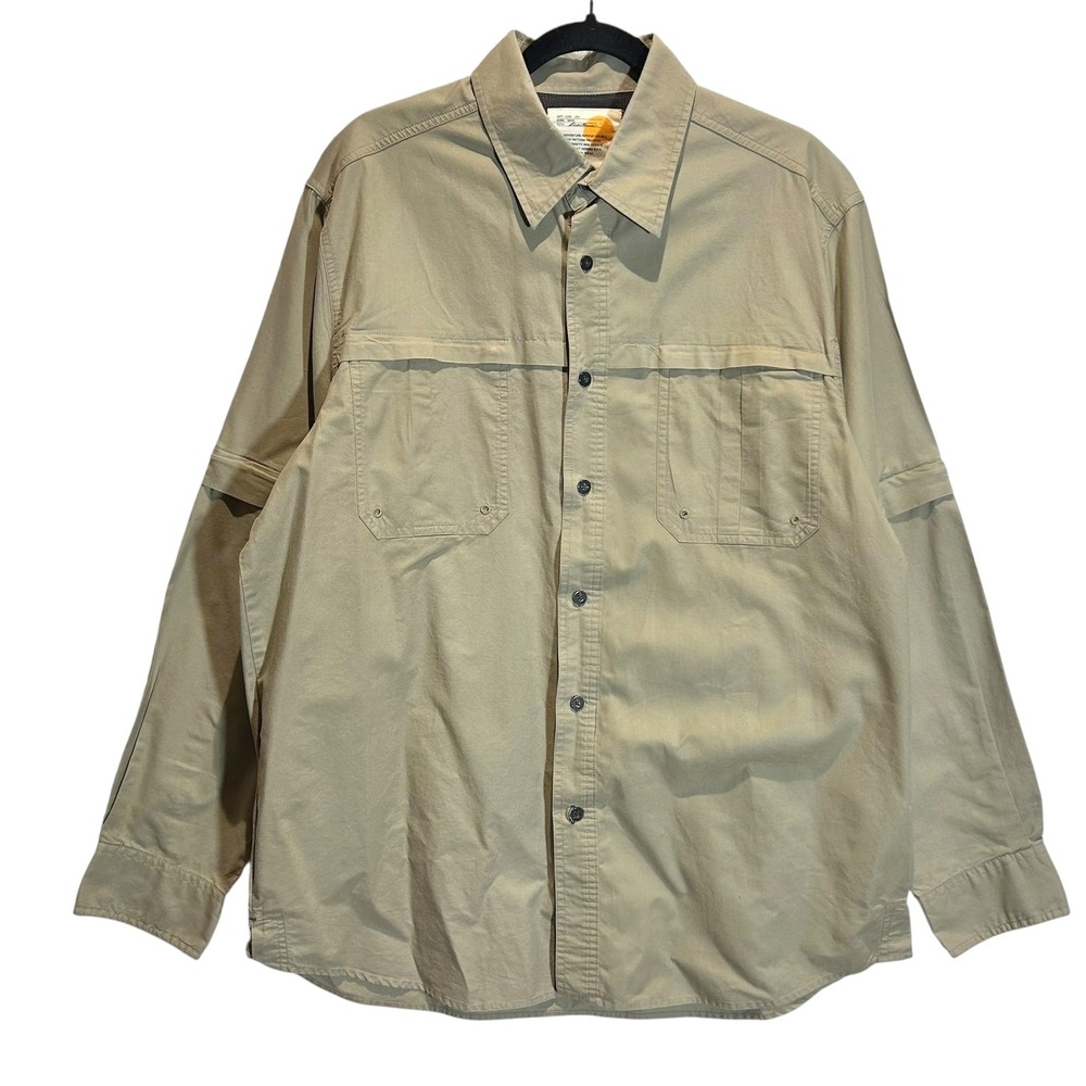 Vintage Eddie Bauer Zip-Off Shirt Mens L‎ Khaki Ripstop Cotton Outdoor Utility